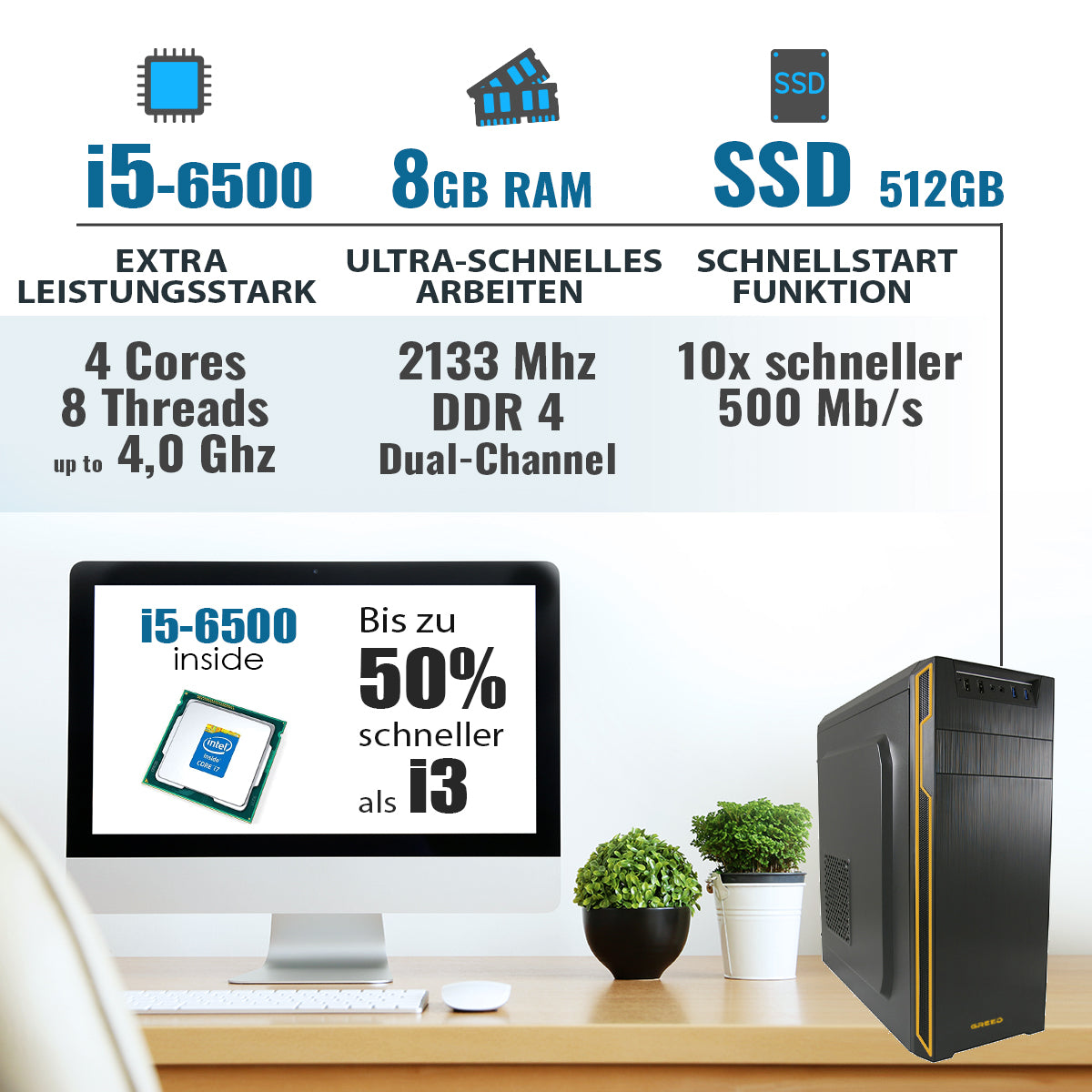GREED® Basic 7 - Schneller PC mit Intel Core i5 6500 - Leiser Computer + Rechner für Büro & Home Office GREED® Basic 7 - Schneller PC mit Intel Core i5 6500 - Leiser Computer + Rechner für Büro & Home Office
